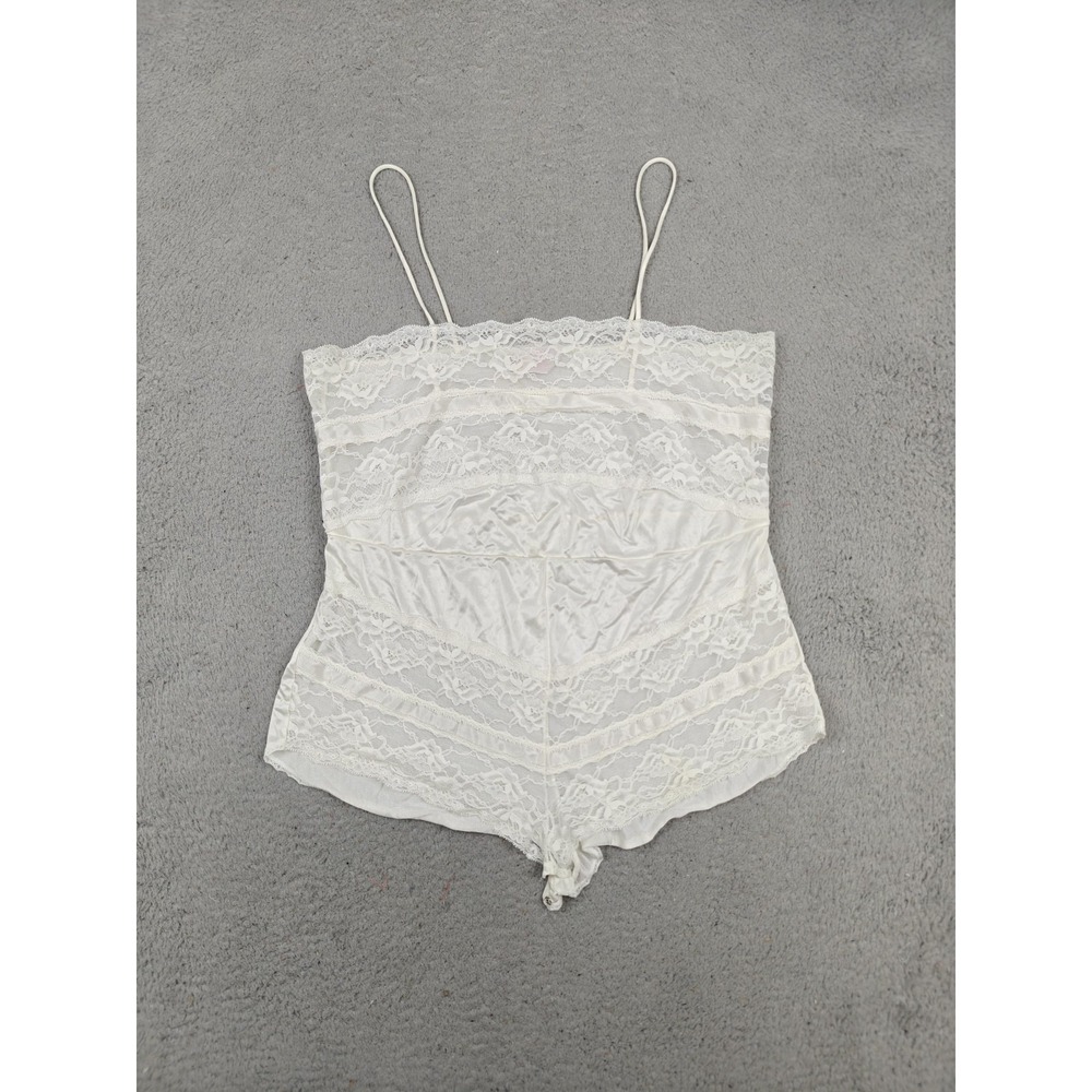 Vintage Tessie Teddy Womens Medium White Lace Sheer Floral One Piece Snap Crotch